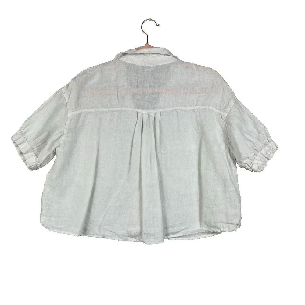 Zara Button Front White Blouse Women's Small Linen Puff Sleeve Sheer Relaxed